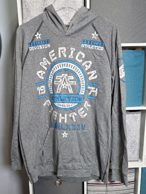 American Fighter Gray Hoodie with Blue Athletic Logo